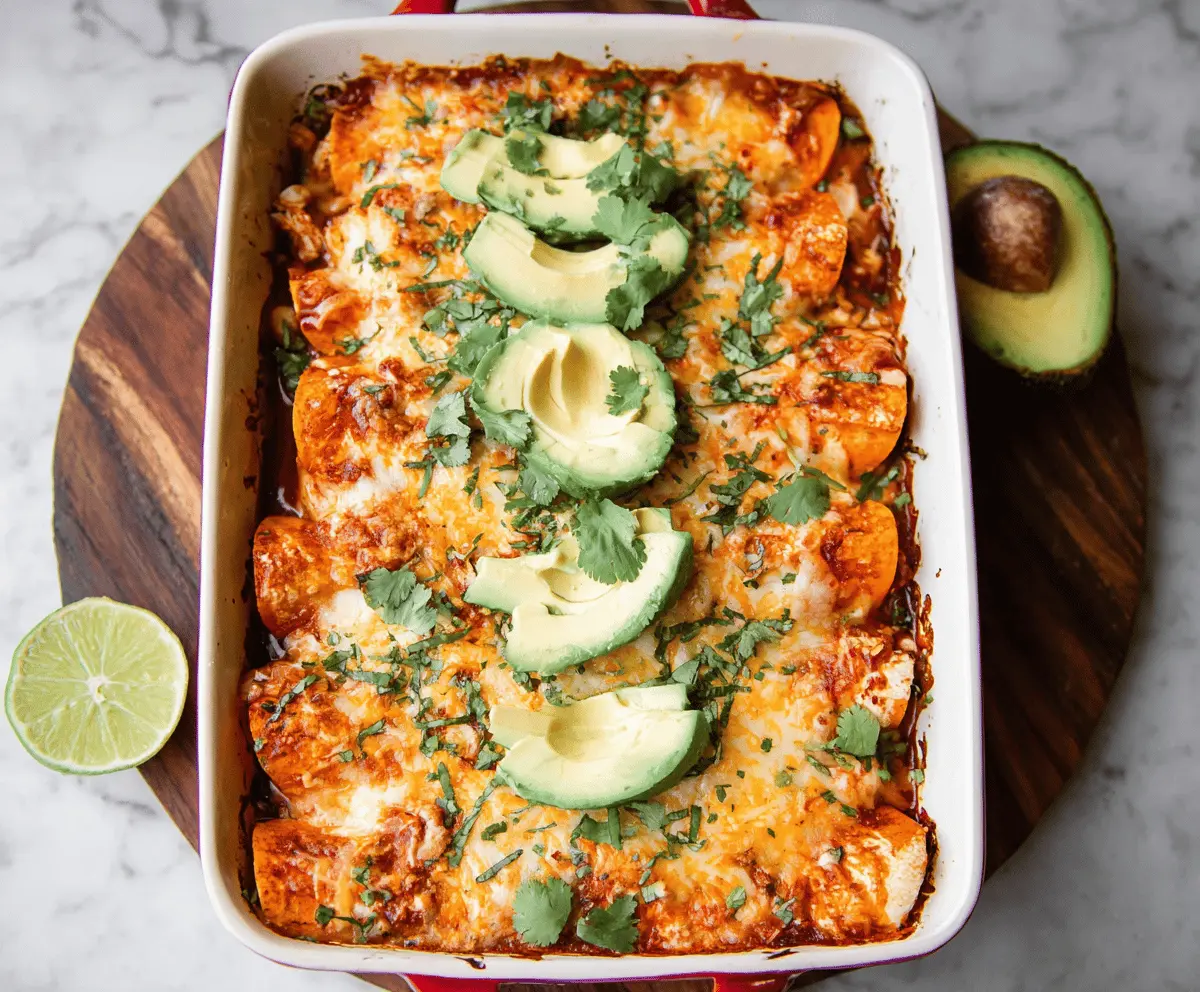 Delicious sweet potato and chicken enchiladas fresh out of the oven, topped with melted cheese and garnished with cilantro.