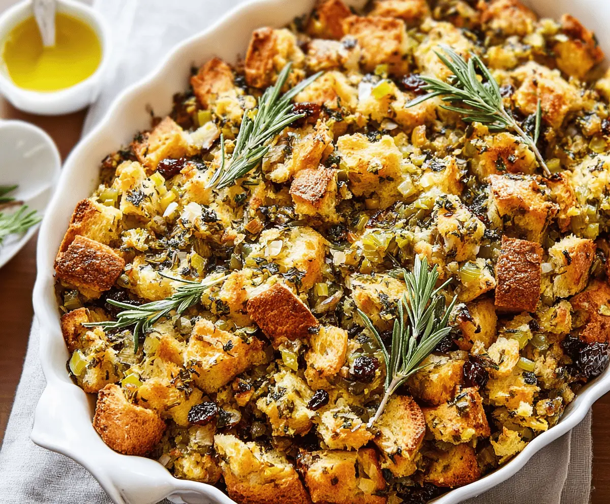 Homemade traditional Thanksgiving stuffing with bread cubes, herbs, and vegetables served on a festive table.