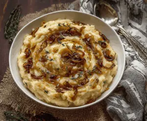 Creamy vegan caramelized onion mashed potatoes served as a delicious plant-based side dish.