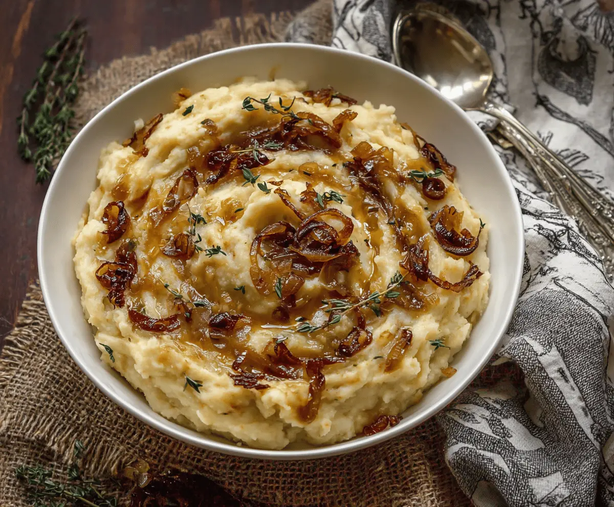 Creamy vegan caramelized onion mashed potatoes served as a delicious plant-based side dish.
