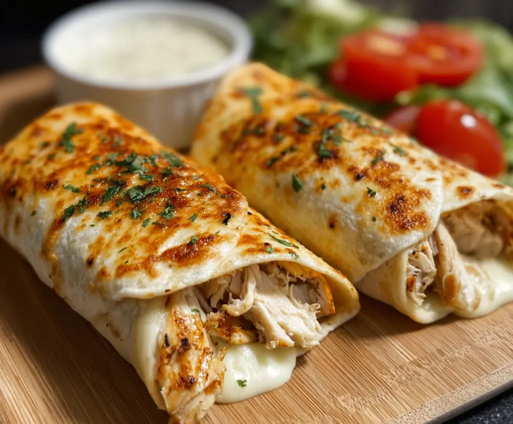 Delicious air fryer chicken and mozzarella wraps on a plate, crispy and cheesy snack