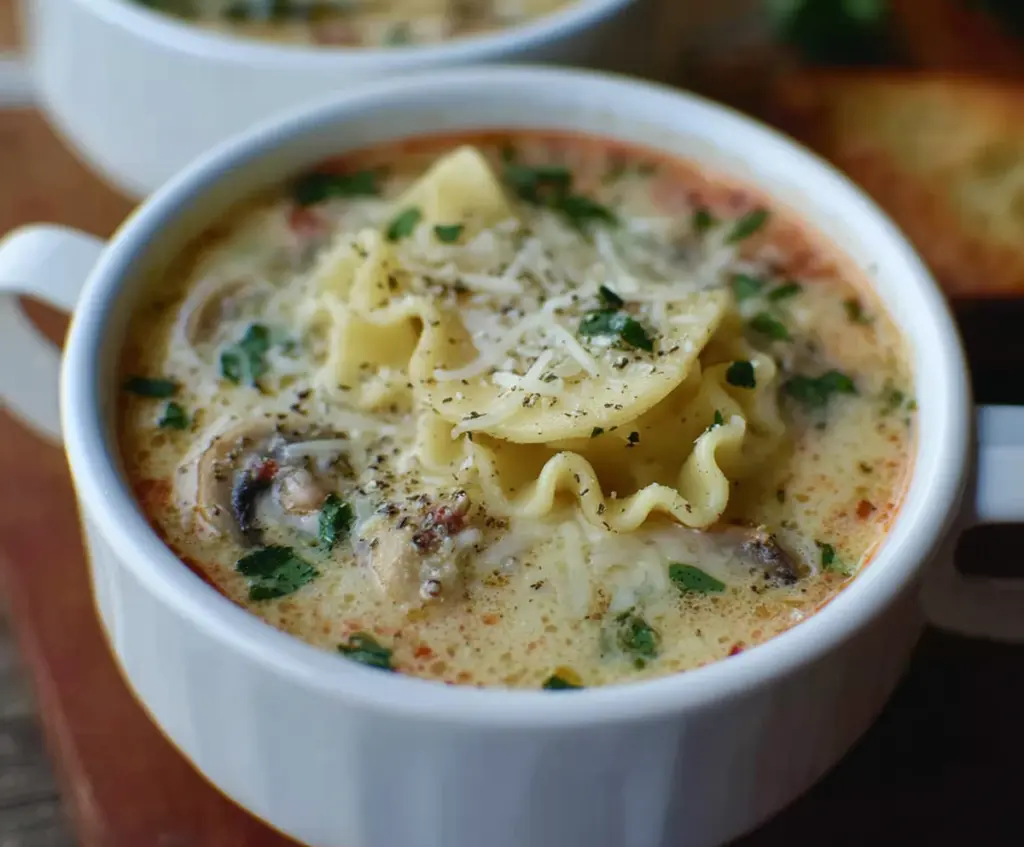 Creamy Alfredo Lasagna Soup in a bowl garnished with fresh herbs, perfect for a comforting meal.