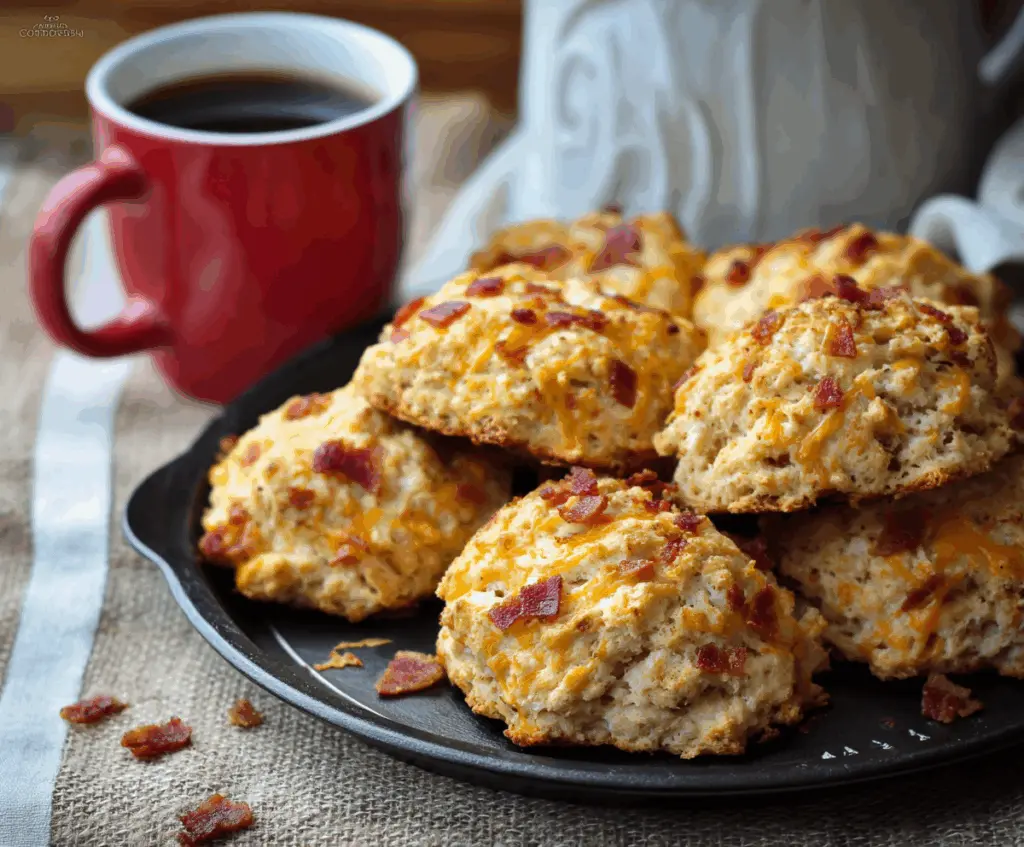 Golden Apple Cheddar Bacon Scones fresh out of the oven, showcasing a crispy crust and melty cheese.