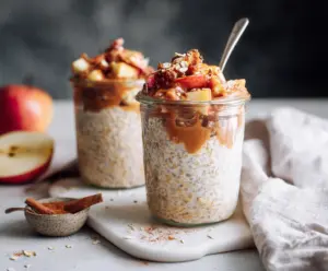Creamy Apple Pie Overnight Oats topped with fresh apple slices and cinnamon for a healthy breakfast.