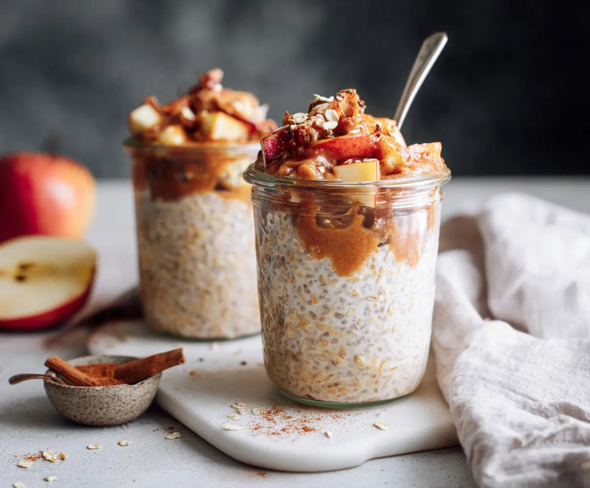 Creamy Apple Pie Overnight Oats topped with fresh apple slices and cinnamon for a healthy breakfast.