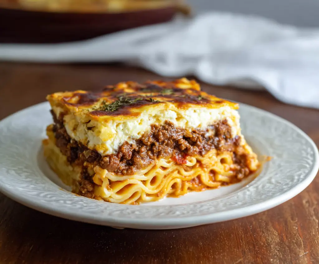 Delicious authentic Greek Pastitsio with layered pasta, savory meat sauce, and creamy béchamel topping.