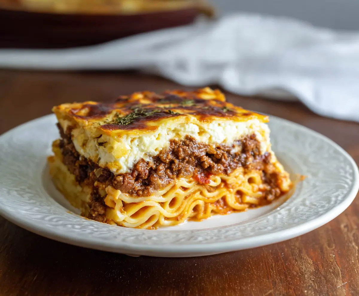 Delicious authentic Greek Pastitsio with layered pasta, savory meat sauce, and creamy béchamel topping.