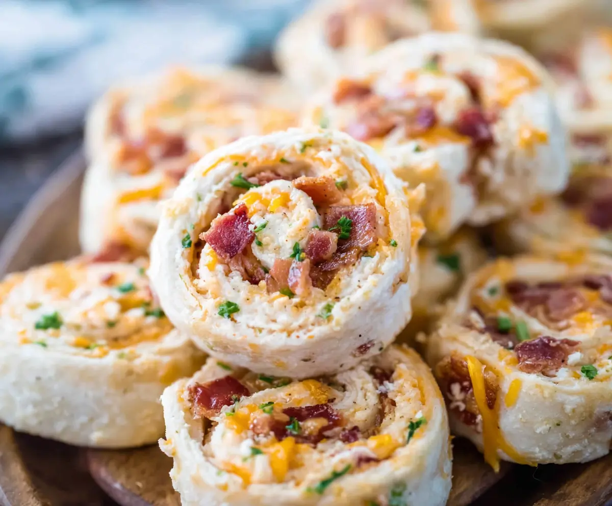 Delicious Bacon Cheddar Ranch Pinwheels on a platter, showcasing crispy bacon, melted cheddar, and fresh herbs.