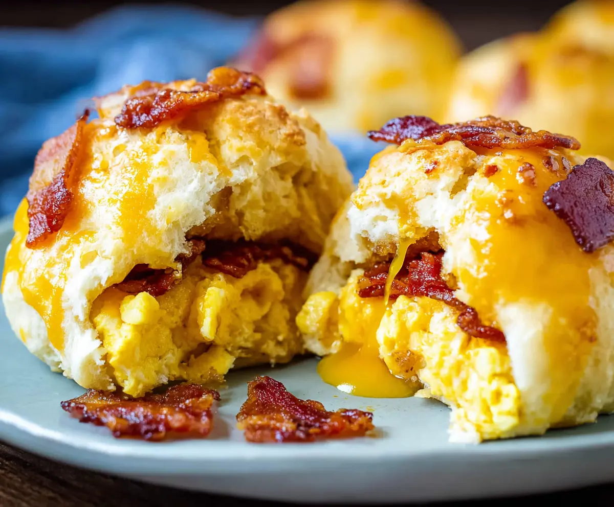 Savory Bacon Egg Breakfast Biscuit Bombs with melted cheese and crispy bacon on a plate