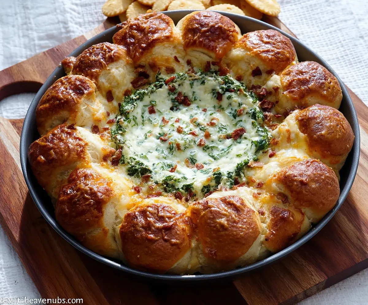 Delicious Baked Biscuit Wreath Dip garnished with herbs, perfect for entertaining.