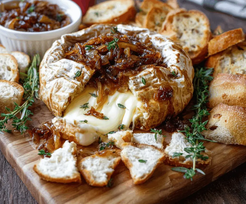 Delicious baked Brie cheese topped with sweet caramelized onions on a serving platter.