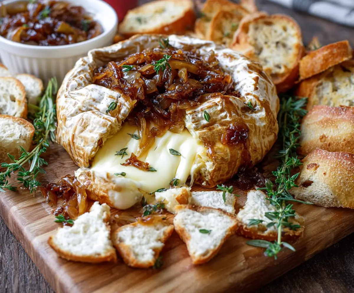 Delicious baked Brie cheese topped with sweet caramelized onions on a serving platter.