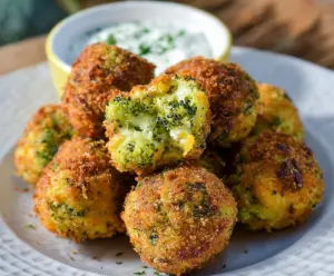 Delicious baked broccoli cheese balls on a plate, perfect for healthy snacking.