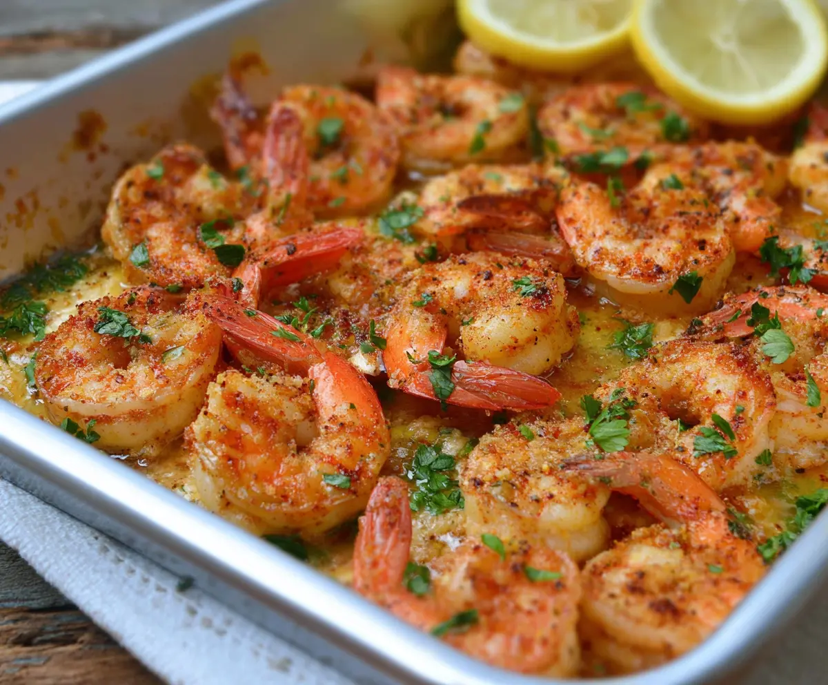 Delicious baked Cajun shrimp served on a plate, garnished with fresh herbs.