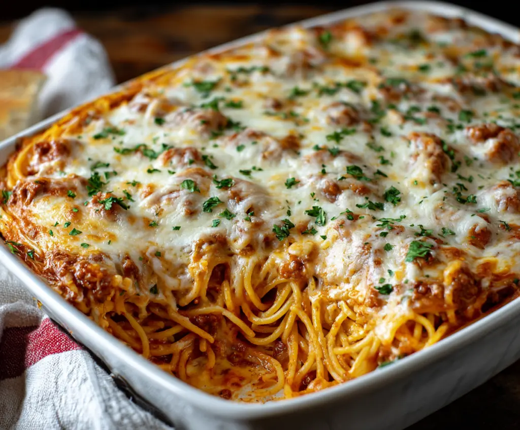Delicious baked cream cheese spaghetti casserole in a baking dish, topped with melted cheese and herbs