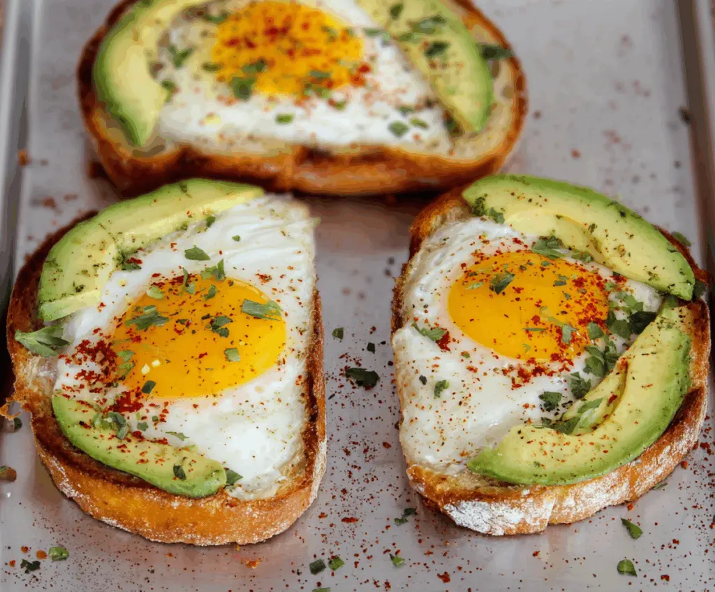 Delicious baked egg avocado toast garnished with herbs on a rustic wooden plate.