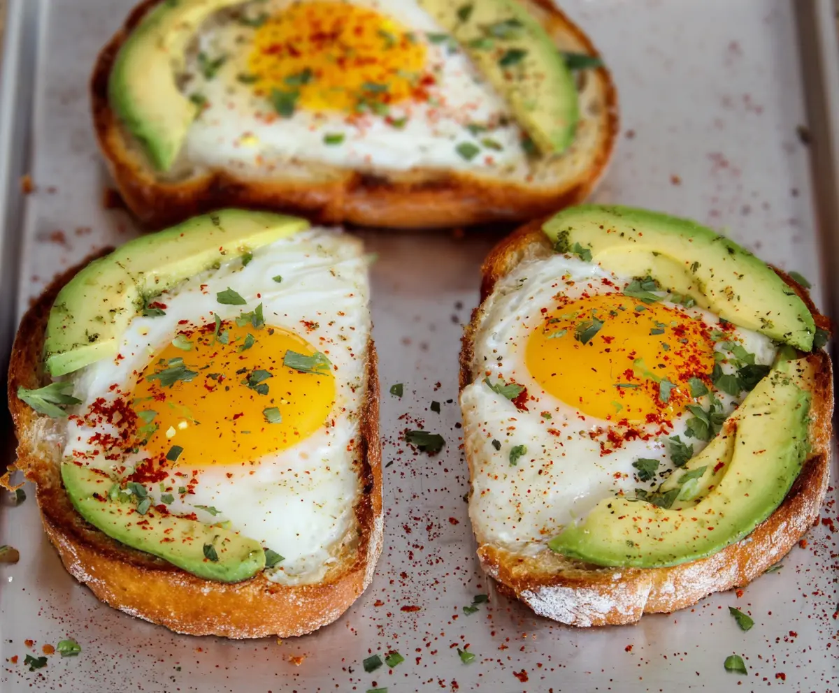 Delicious baked egg avocado toast garnished with herbs on a rustic wooden plate.