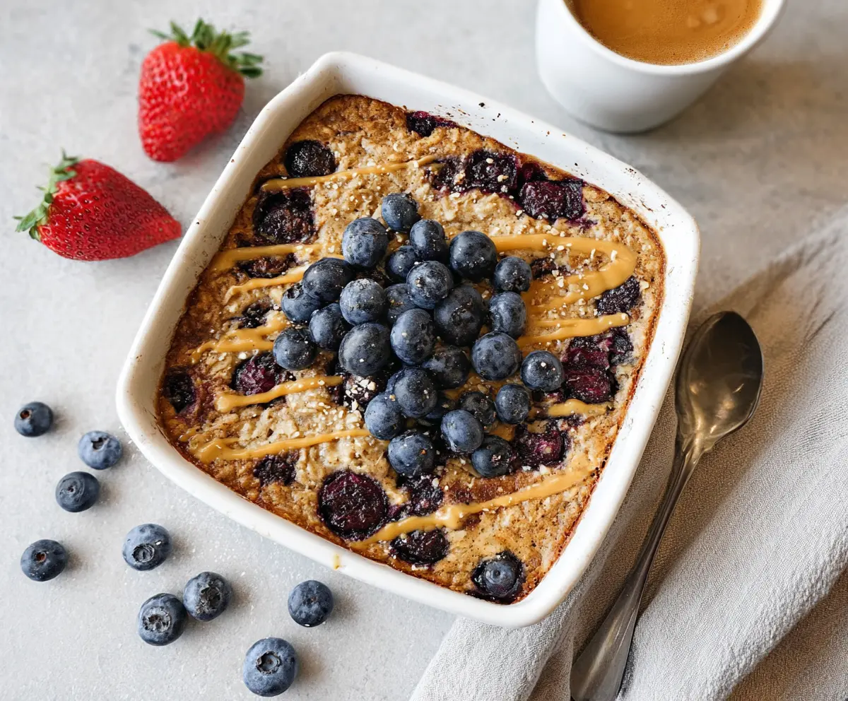 Healthy baked protein oatmeal in a bowl topped with fresh fruits and nuts.