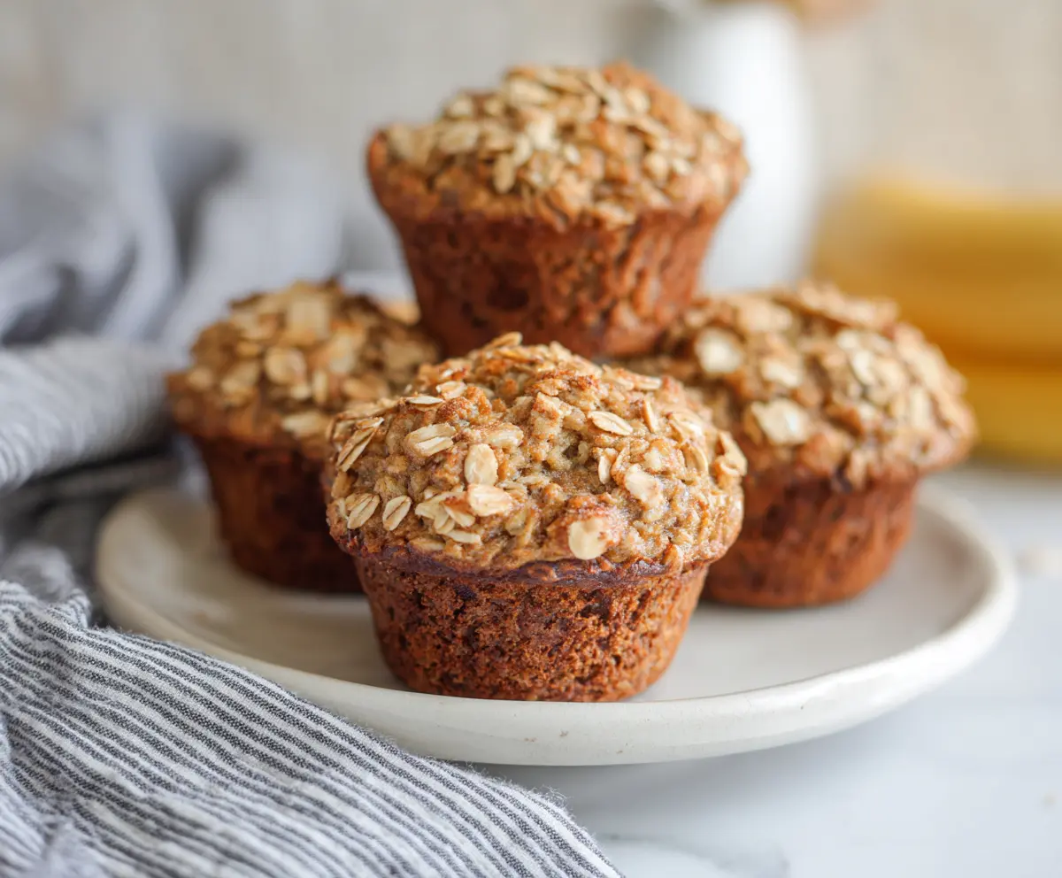Delicious homemade banana oat muffins on a rustic wooden table