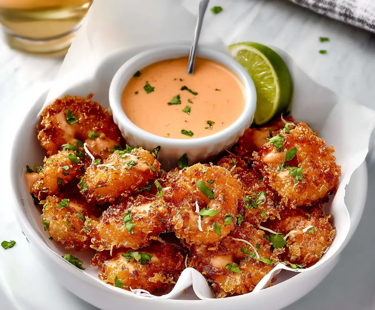 Crispy Bang Bang Shrimp Bites served with a tangy dipping sauce on a white plate