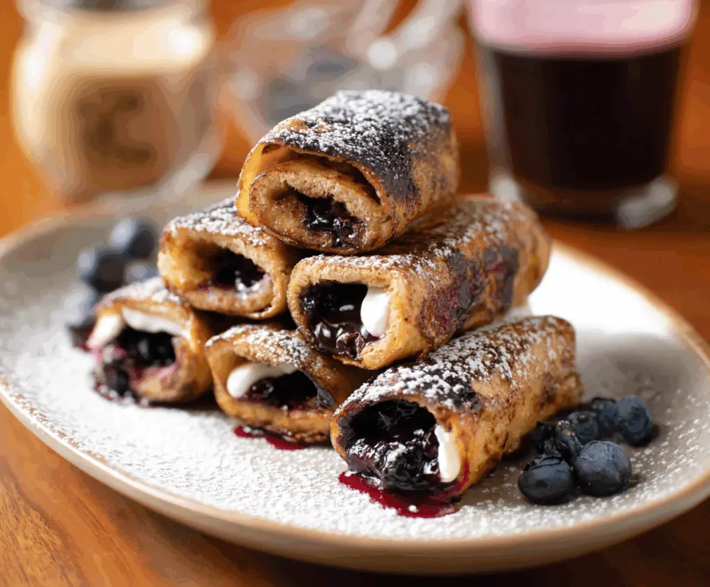 Delicious Blueberry French Toast Roll Ups garnished with fresh blueberries and powdered sugar, perfect for breakfast or brunch.