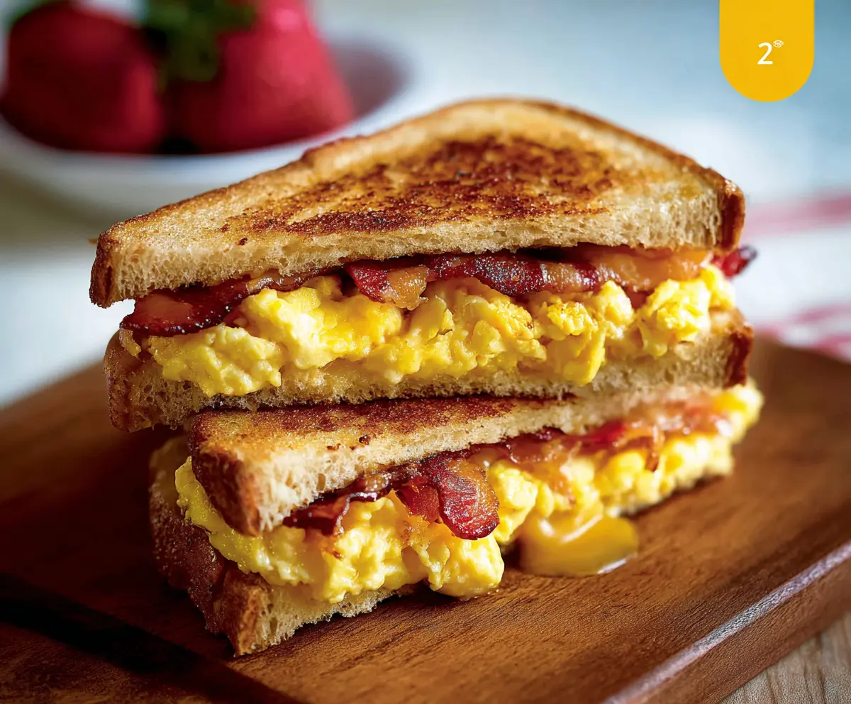 Delicious breakfast grilled cheese sandwich with scrambled eggs, crispy bacon, and melted cheese.