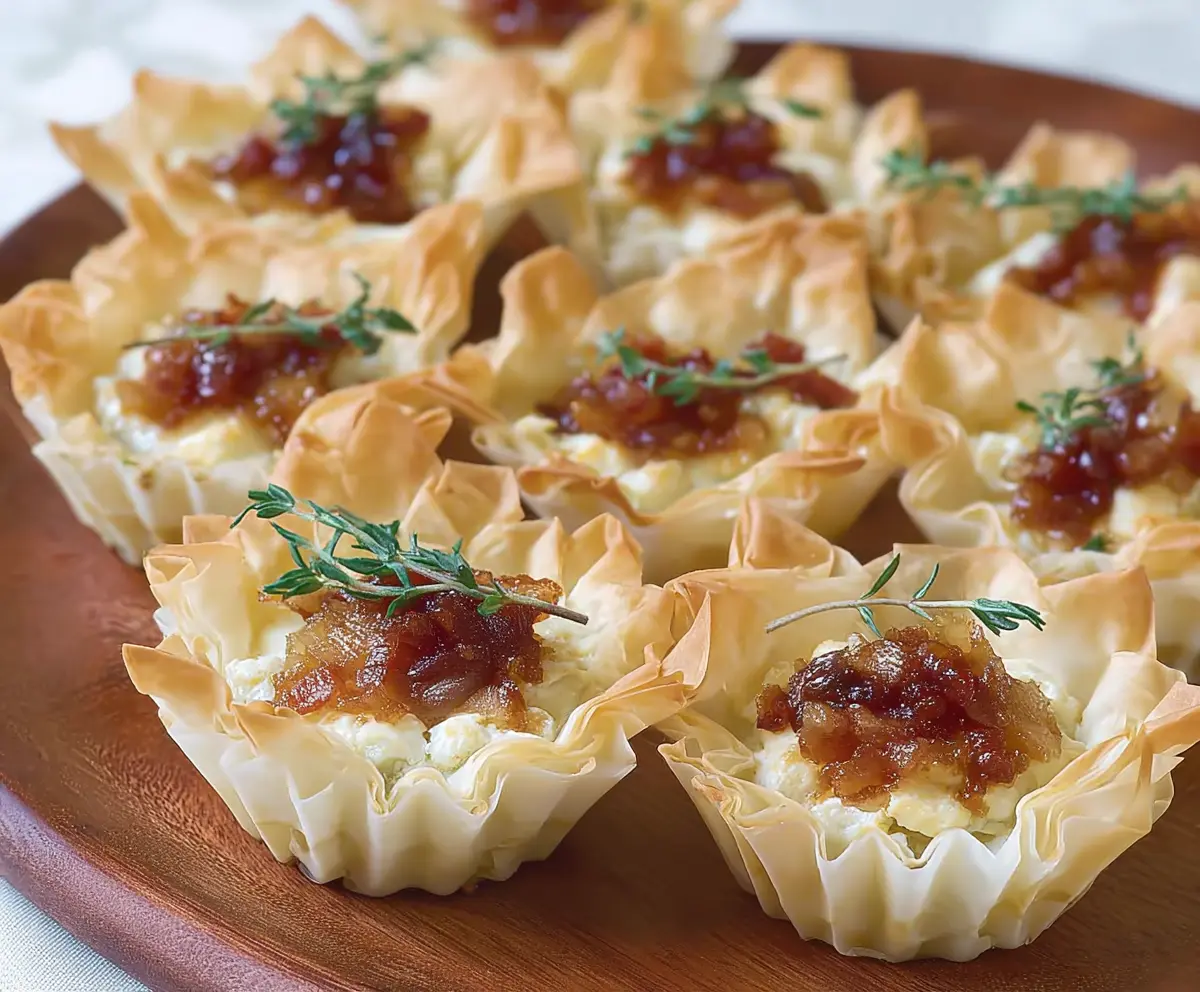 Delicious Brie and bacon stuffed phyllo cups served on a rustic plate for appetizer or snack.