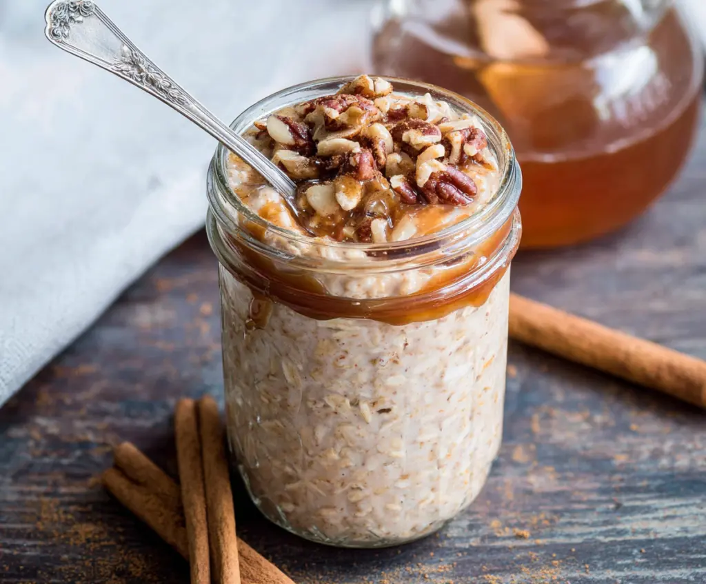 Creamy overnight oats topped with cinnamon and brown sugar for a nutritious breakfast.