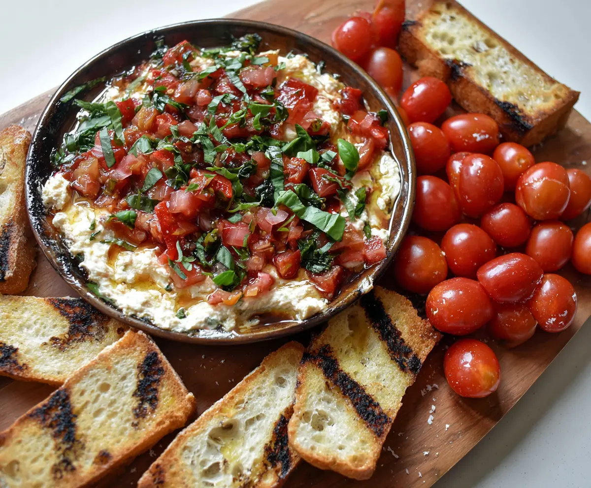 Close-up of a delicious Bruschetta Dip topped with fresh tomatoes and basil served in a bowl.