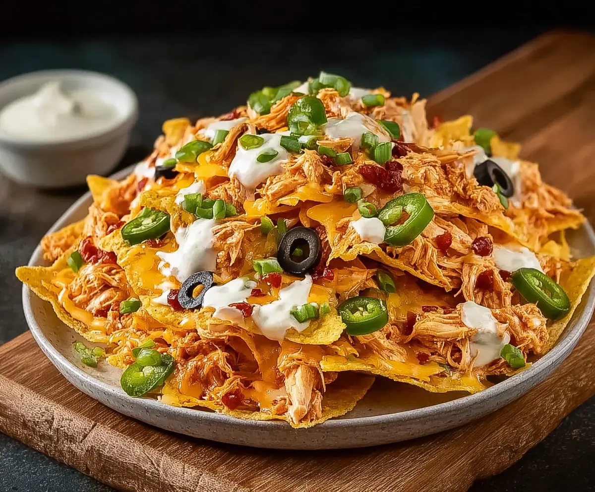 Delicious buffalo chicken nachos topped with melted cheese, jalapenos, and creamy sauce for a spicy snack.