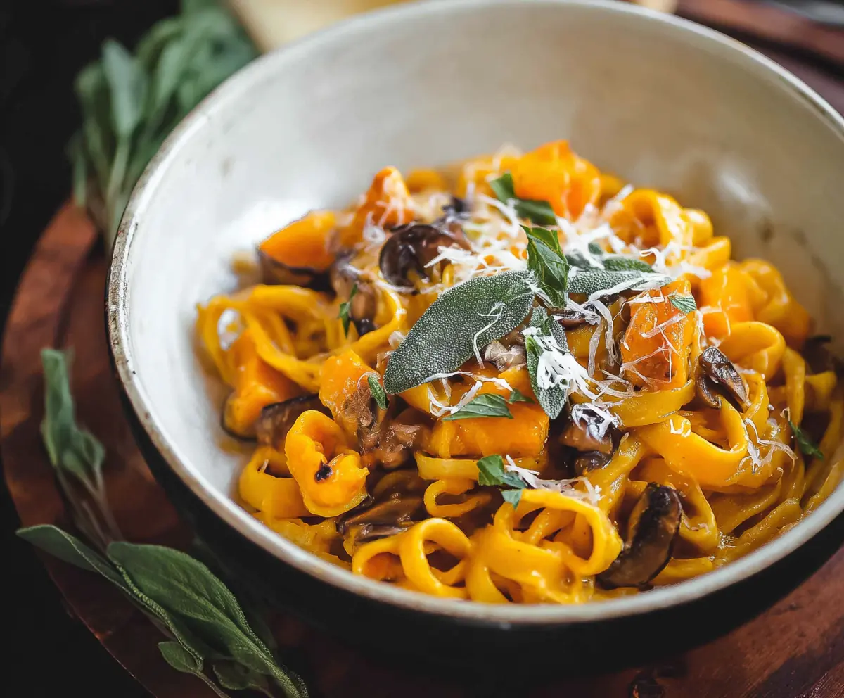 Delicious butternut squash pasta served with fresh herbs and a creamy sauce