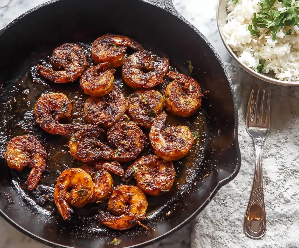 Delicious Cajun Blackened Shrimp cooked with flavorful spices and served hot.