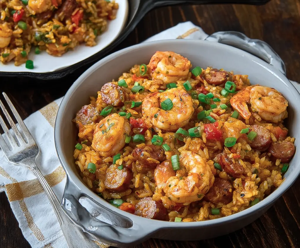 Delicious Cajun jambalaya featuring chicken, shrimp, and sausage served in a vibrant bowl.