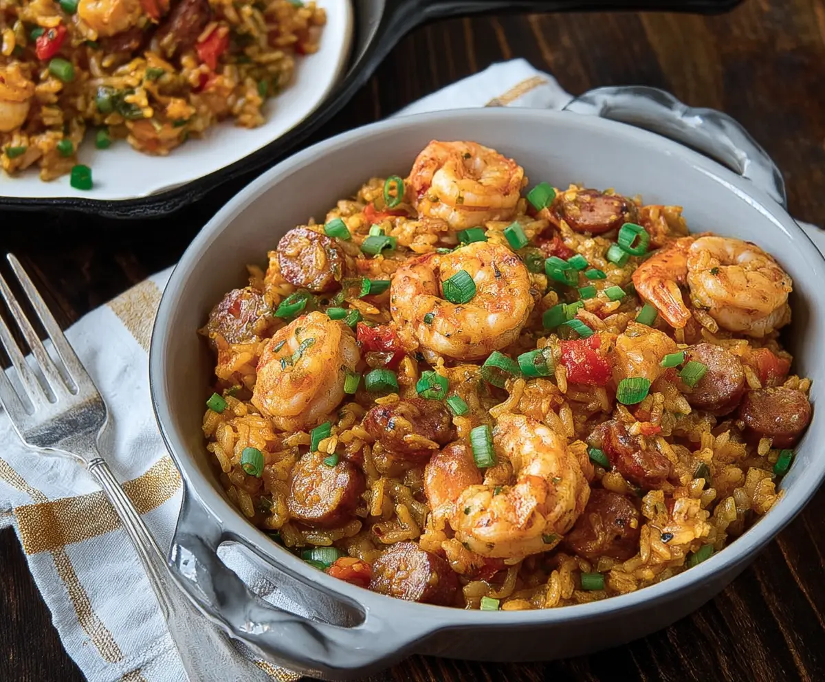 Delicious Cajun jambalaya featuring chicken, shrimp, and sausage served in a vibrant bowl.