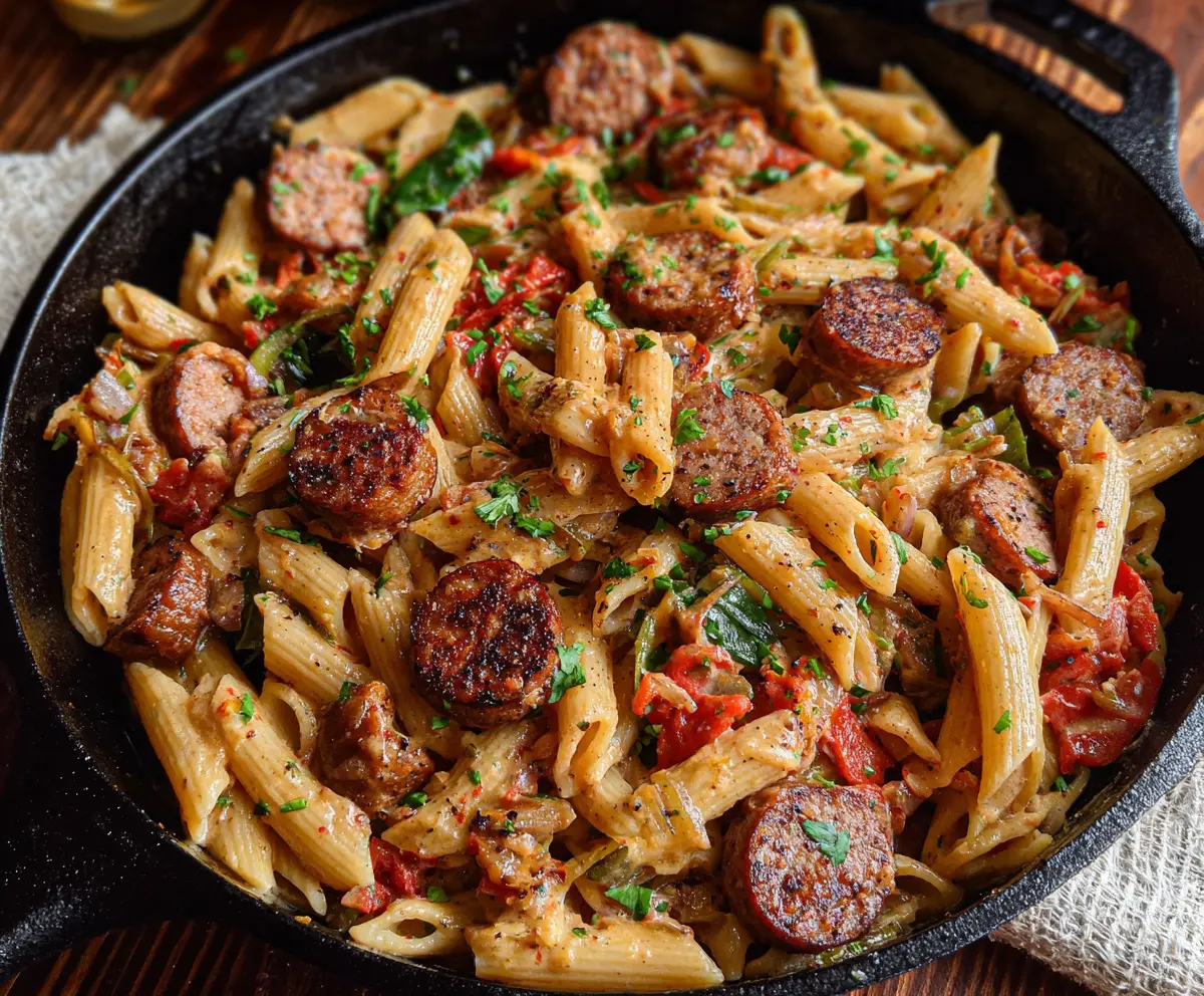 Delicious Cajun Sausage Pasta with vibrant colors and savory flavors, perfect for dinner.