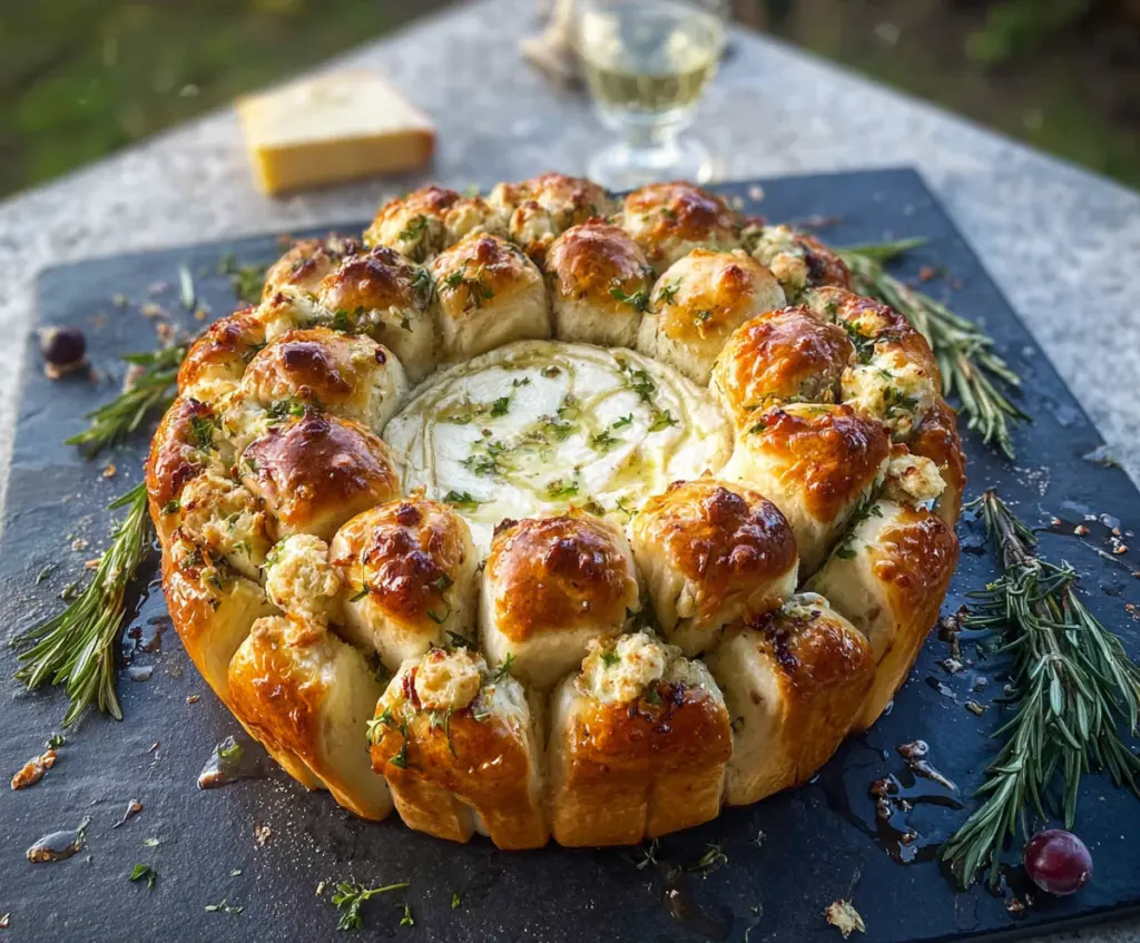 Delicious Camembert Pull-Apart Wreath served on a wooden platter with herbs and bread.