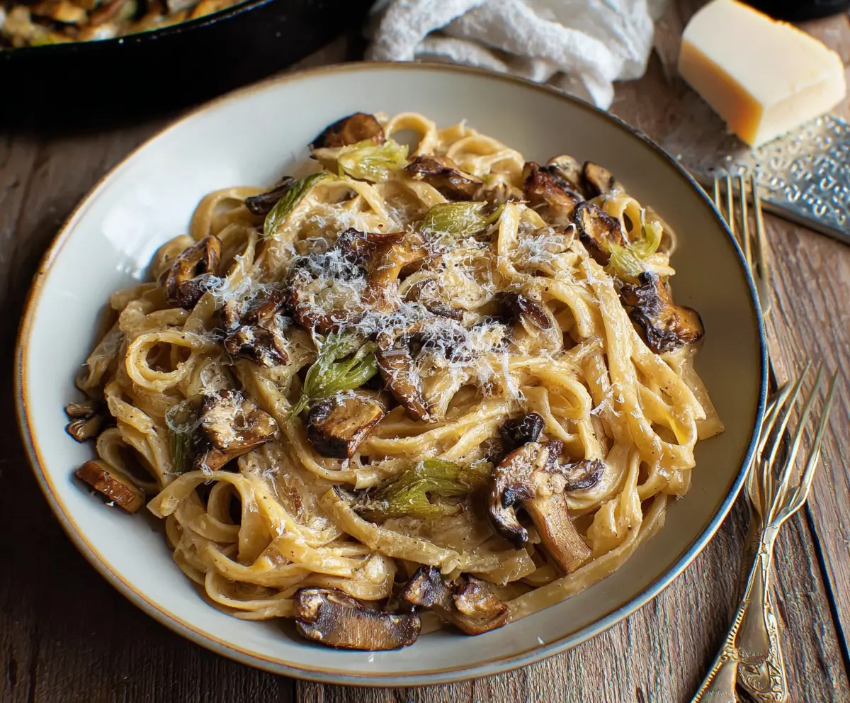 Delicious caramelized leek and mushroom Gruyère pasta served on a plate, highlighting its golden toppings and creamy texture.