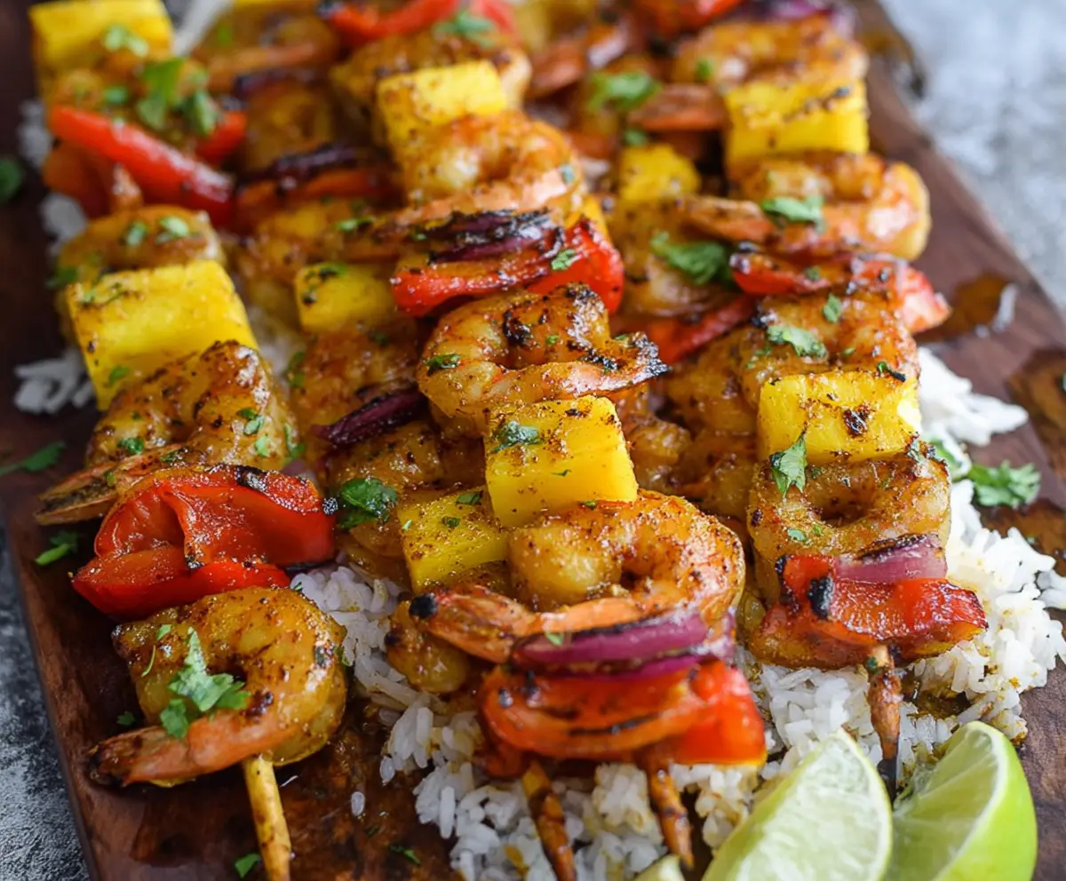 Grilled Caribbean Jerk Shrimp Skewers with colorful vegetables on a serving platter.