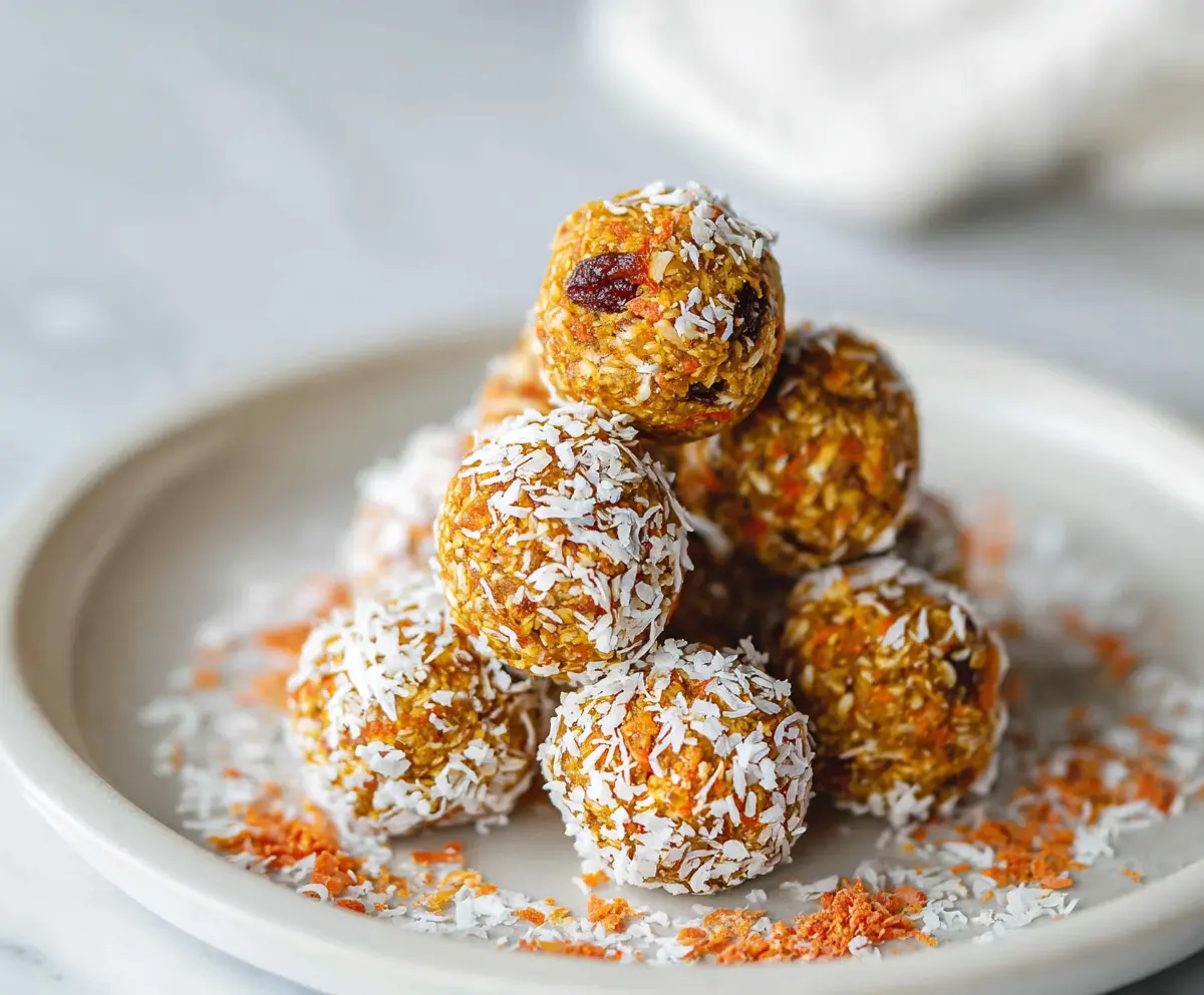 Healthy carrot cake energy bites made with fresh carrots, nuts, and wholesome ingredients for a nutritious snack.
