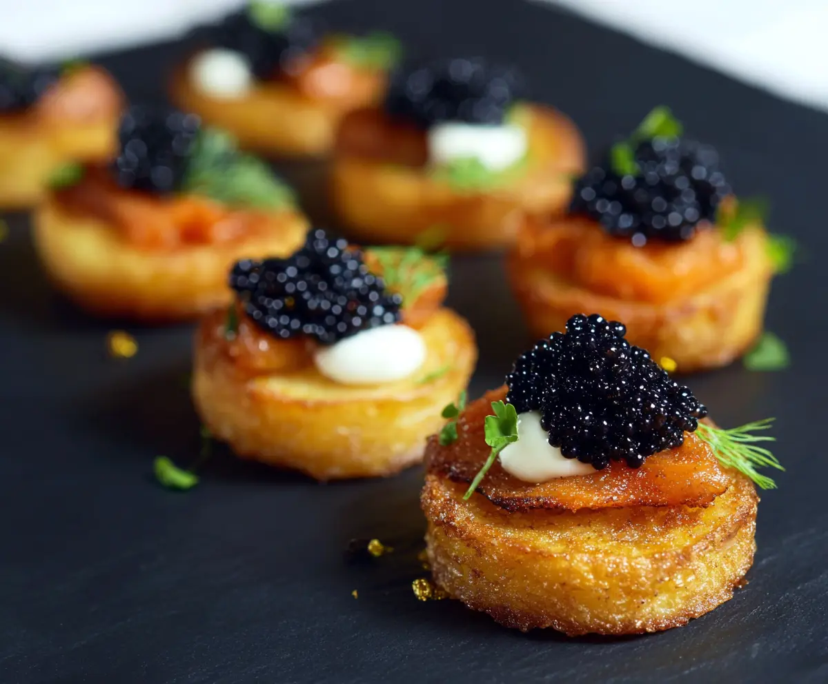 Delicious Caviar Potato Bites garnished with fresh herbs on a elegant serving plate.