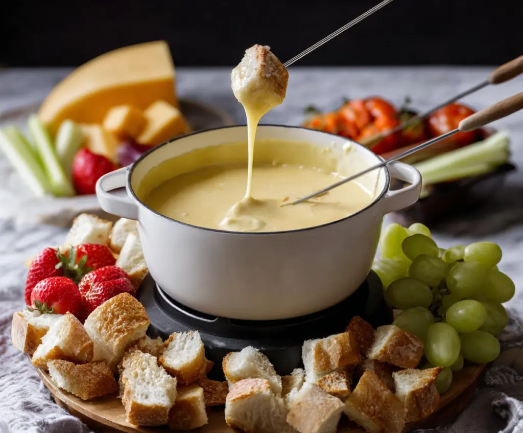 Delicious cheese fondue served with fresh bread cubes for dipping.