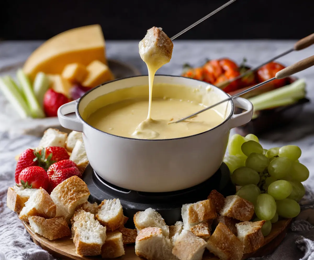 Delicious cheese fondue served with fresh bread cubes for dipping.