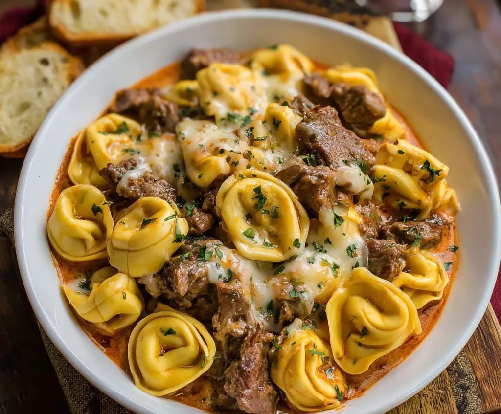 Creamy cheesesteak tortellini dish with melted cheese and savory beef, served on a white plate.