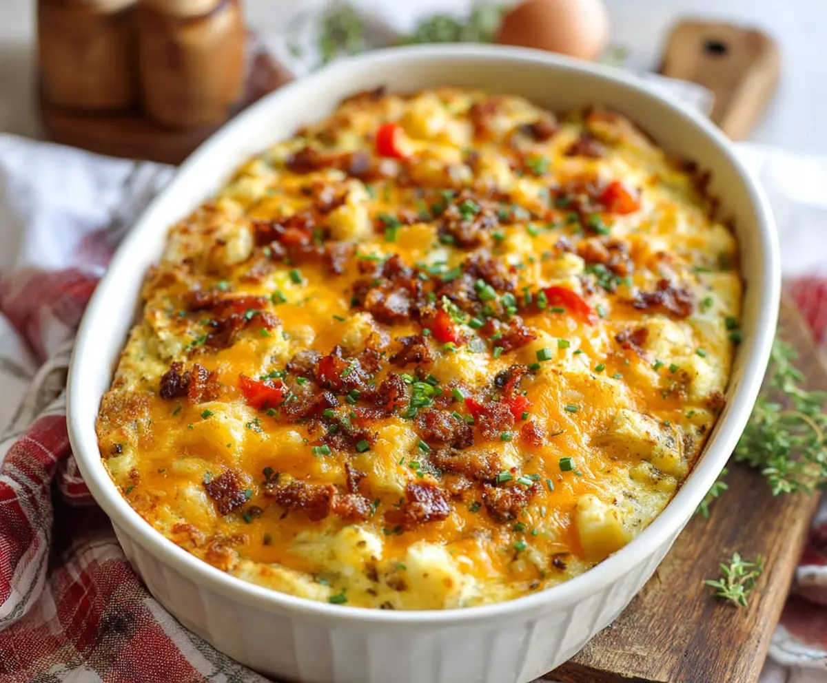 Cheesy potato breakfast casserole sliced in a baking dish