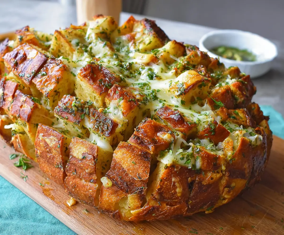 Delicious cheesy pull-apart garlic bread served hot and fresh, perfect for sharing.