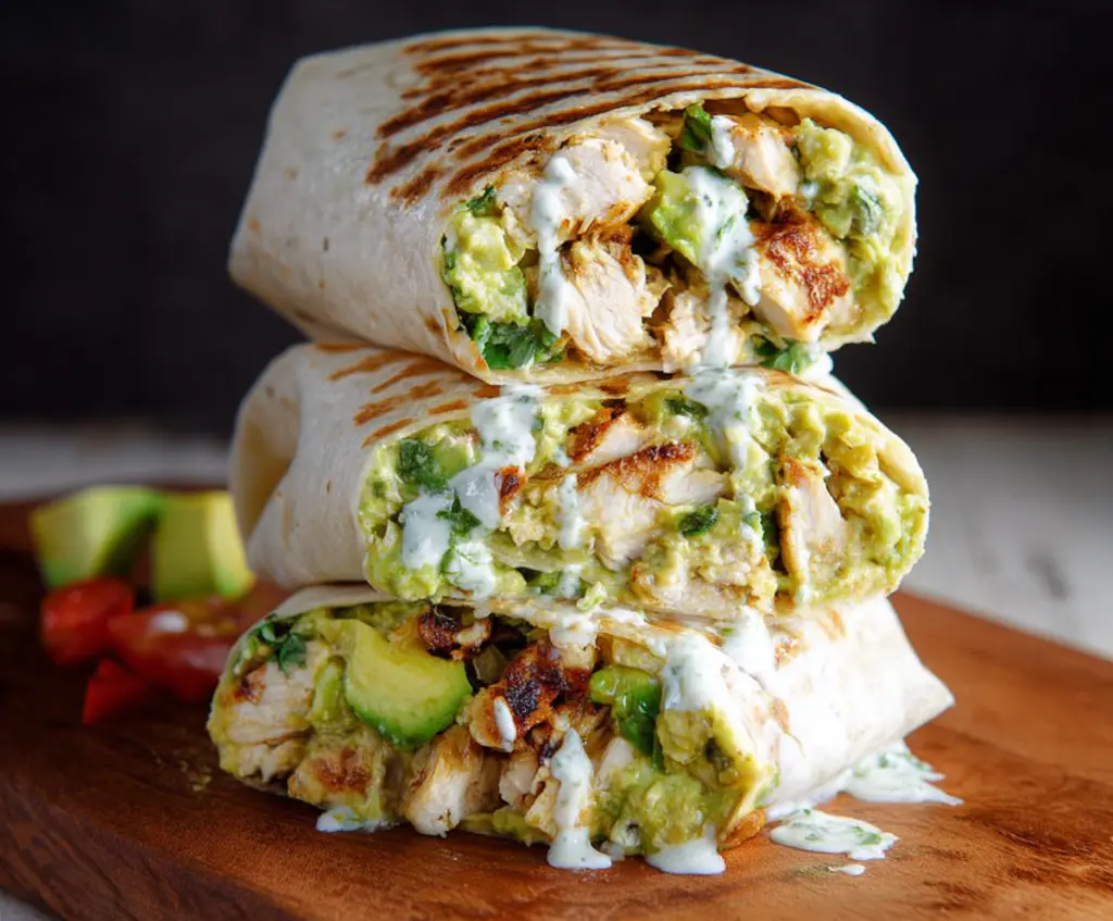 Delicious chicken avocado burrito filled with fresh ingredients and wrapped in a warm tortilla.