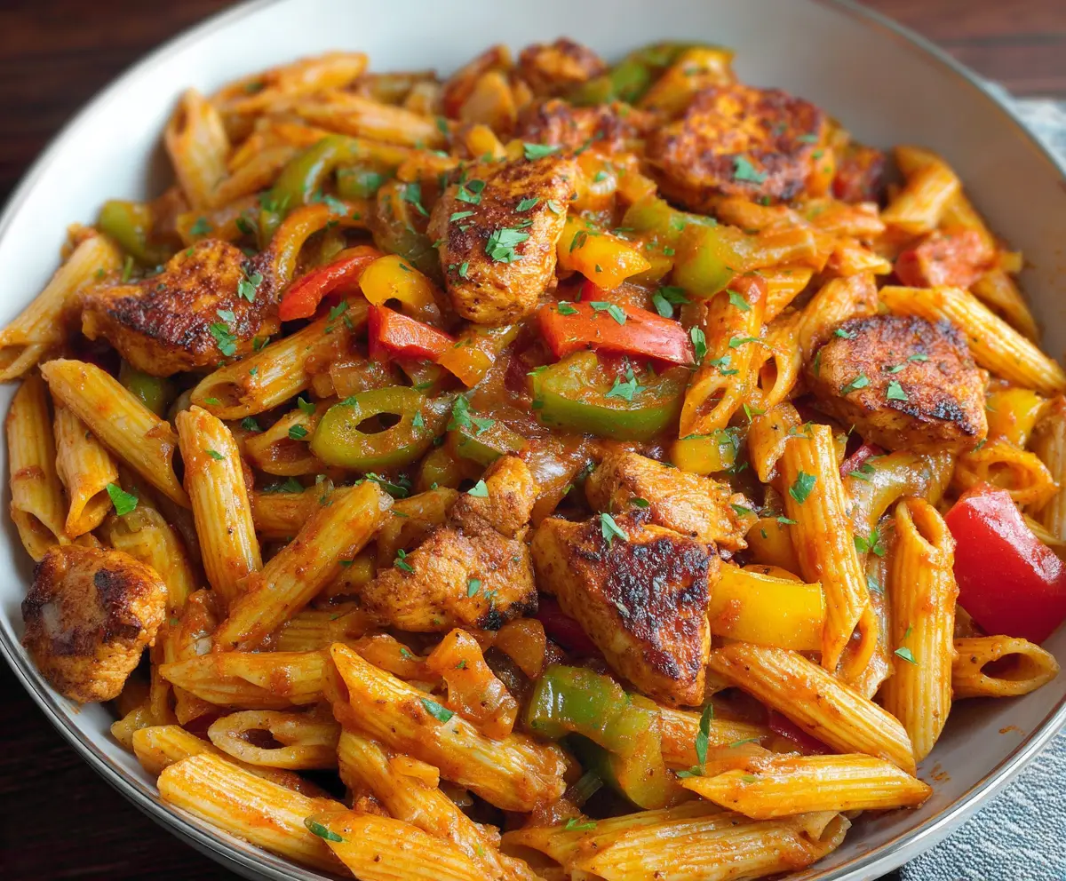 Creamy chicken fajita pasta with colorful bell peppers and melted cheese