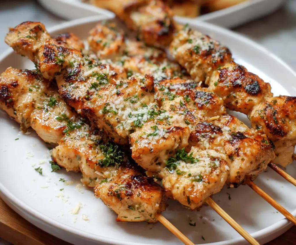 Delicious grilled chicken skewers topped with fresh garlic and grated Parmesan cheese
