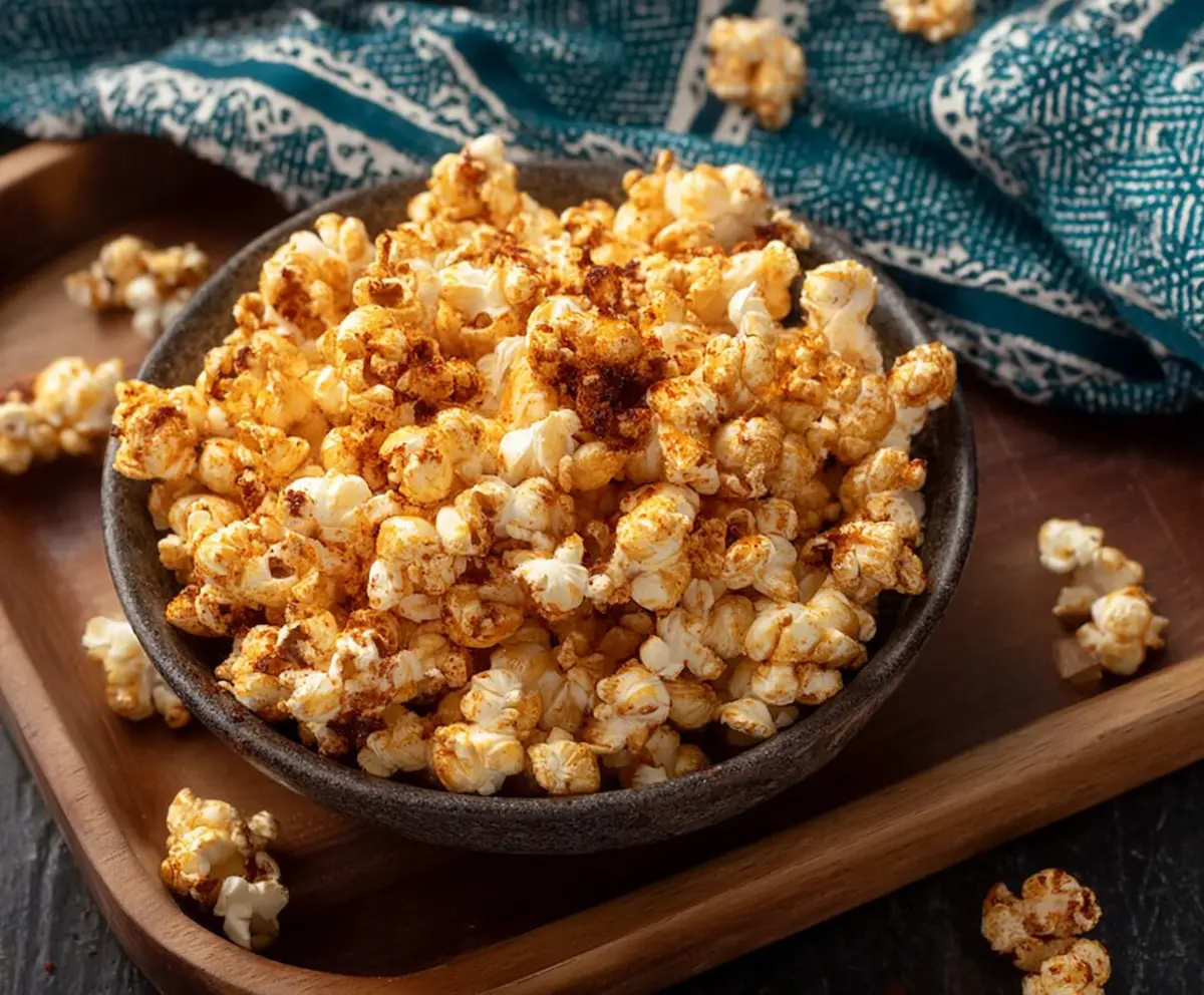 A bowl of spicy chili popcorn as a savory snack with vibrant red chili flakes.