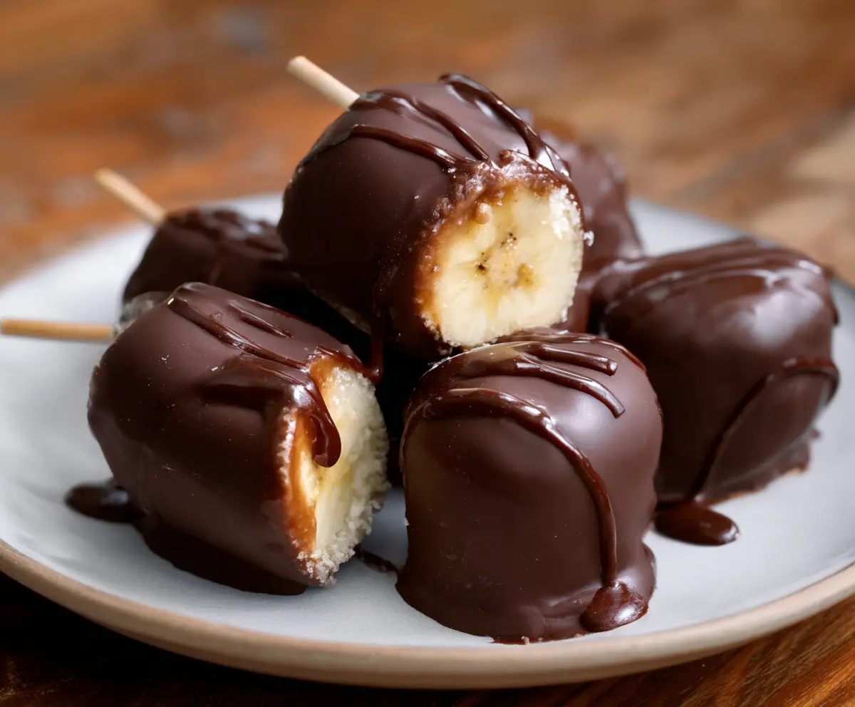 Delicious chocolate-covered banana bites on a white plate, perfect for a sweet snack or dessert.